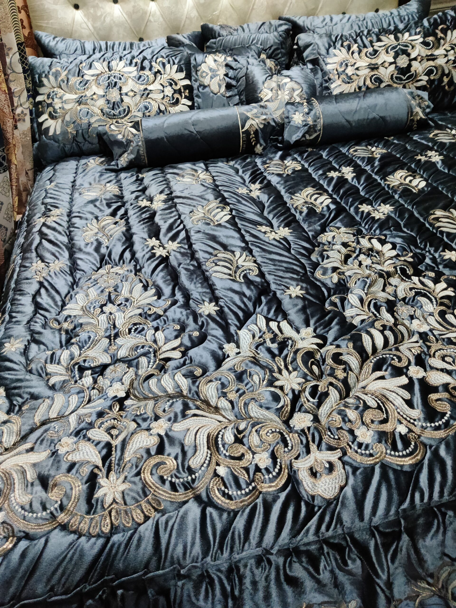 9PC Velvet Embroidered Comforter Set ABBA1- GREY - Image 5