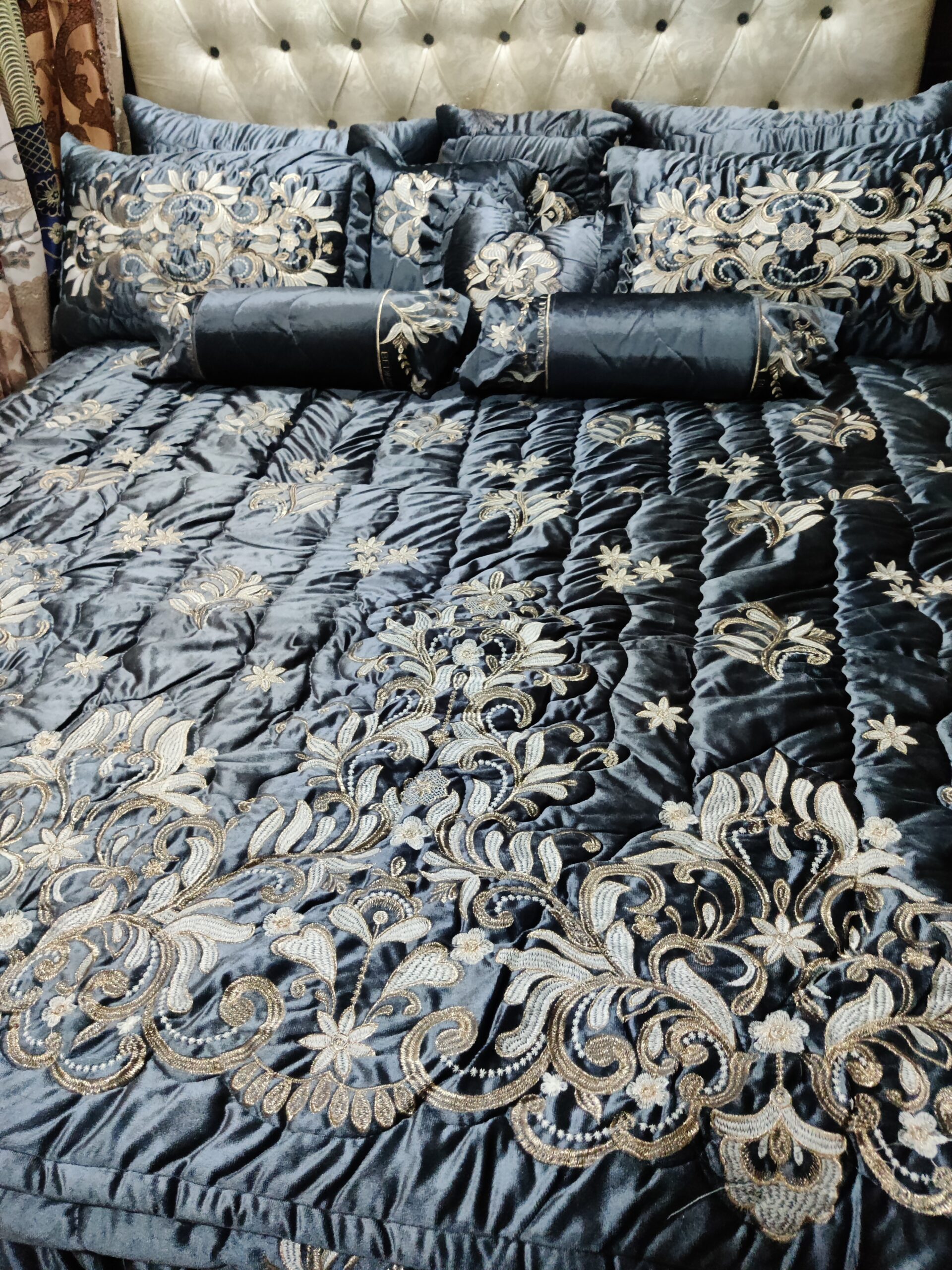 9PC Velvet Embroidered Comforter Set ABBA1- GREY - Image 6